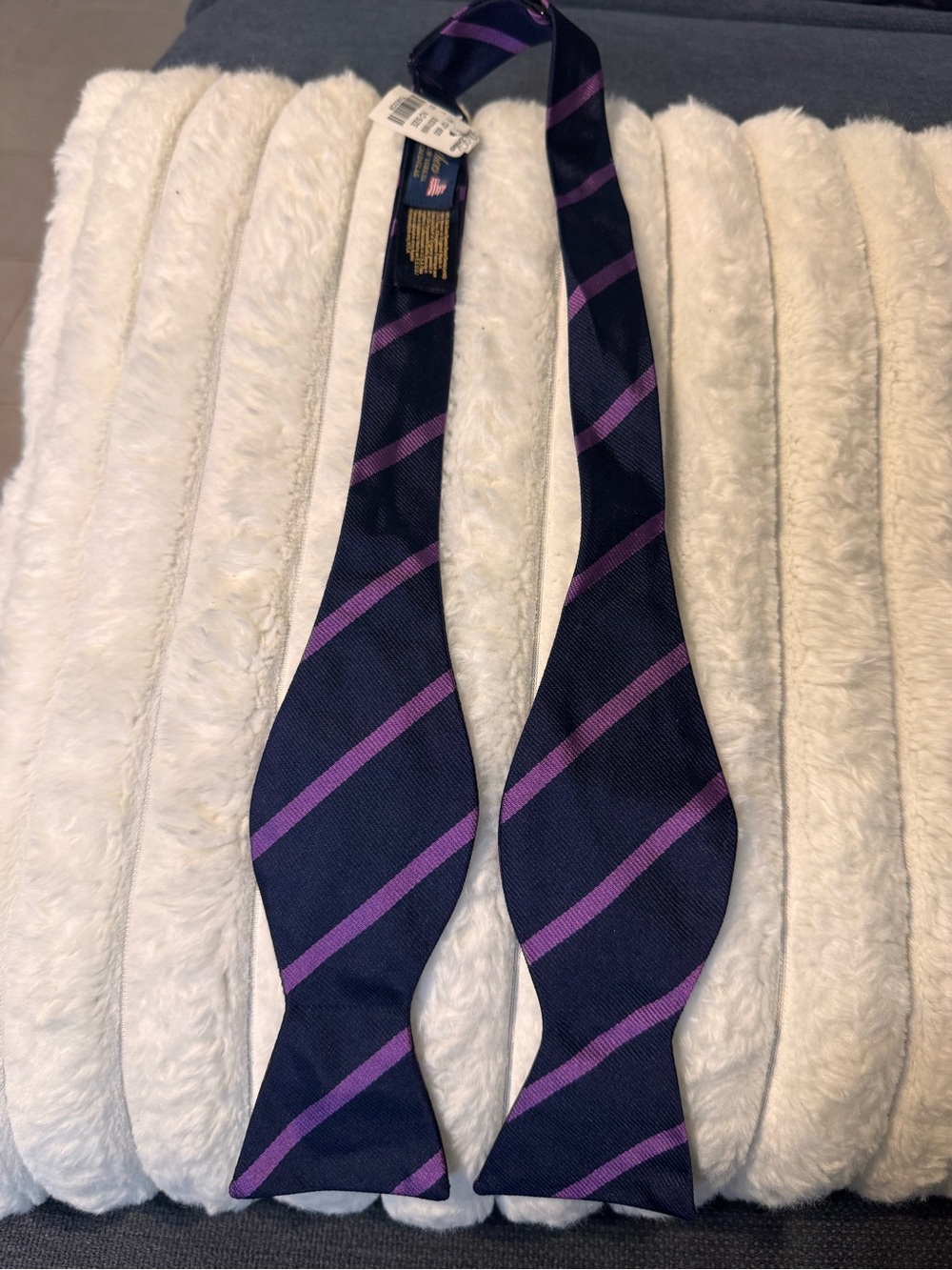 RP $108.Brooks Brothers Navy and Purple Striped Self-Tie Bow Tie